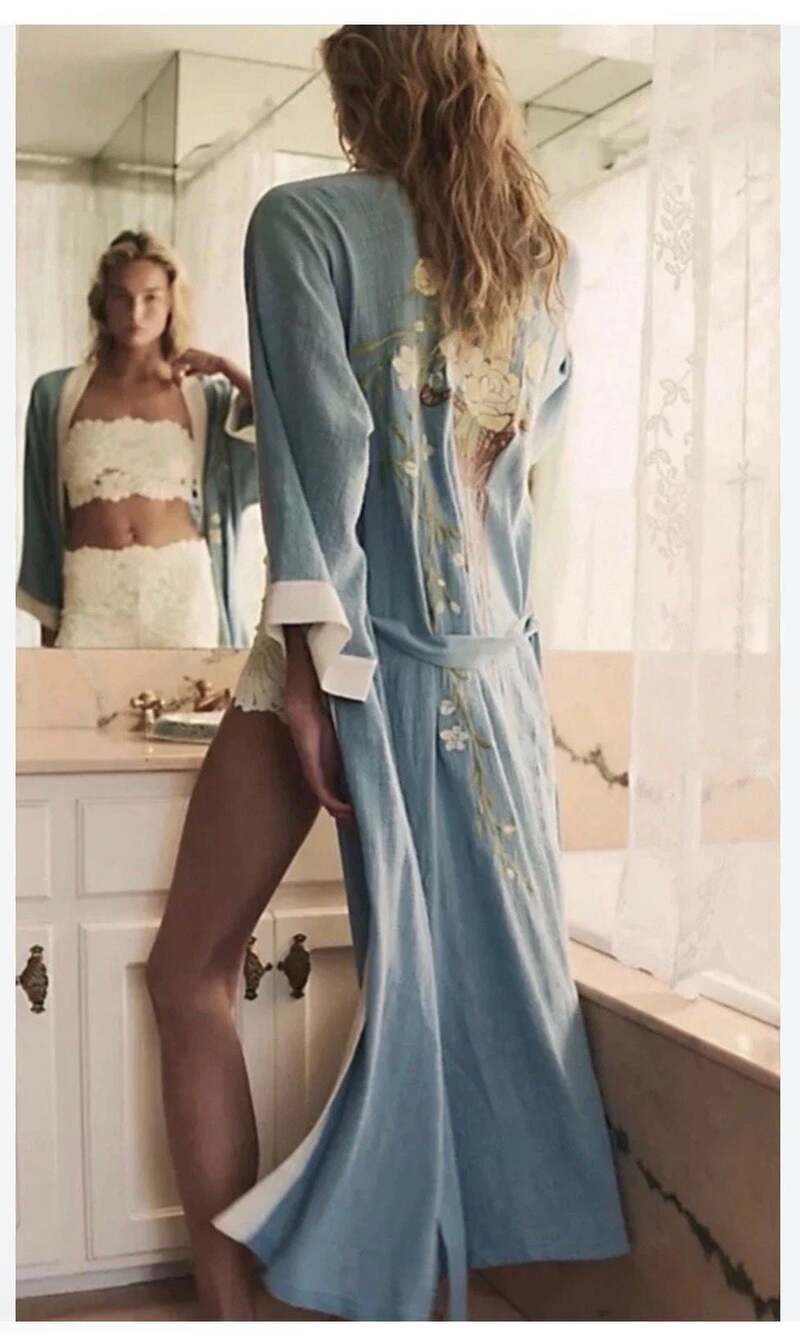 Free People Don't Worry Baby Robe Blue Floral Embroidered Maxi Lounge Robe